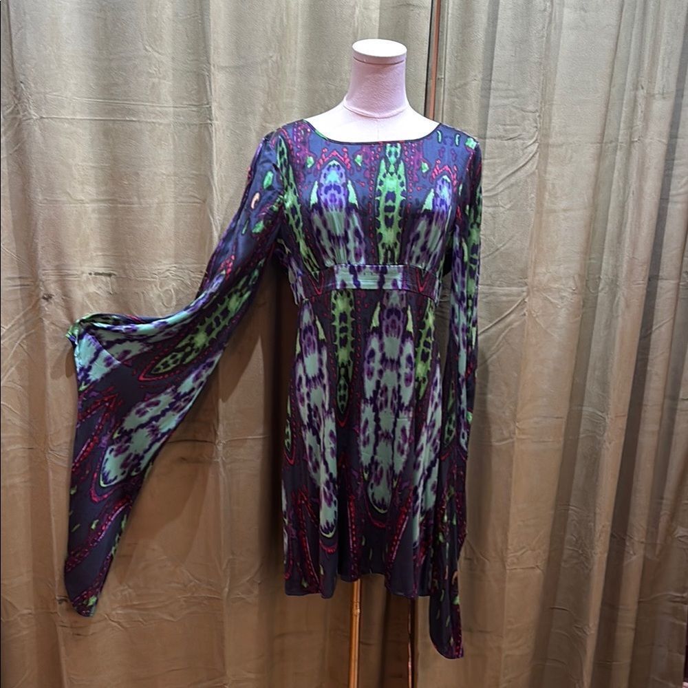 Guess by Marciano Multicolor Patterned extra long sleeve silk mini dress, M